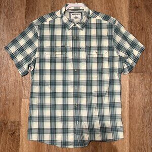 Poncho Outdoors; Slim-fit short sleeve shirt; Blue, Green & White Plaid; Size XL
